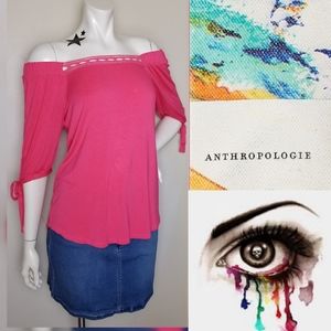 New ANTHROPOLOGIE Off/On Shoulders Crochet Trim Butter Soft Top Fiery Pink M/L